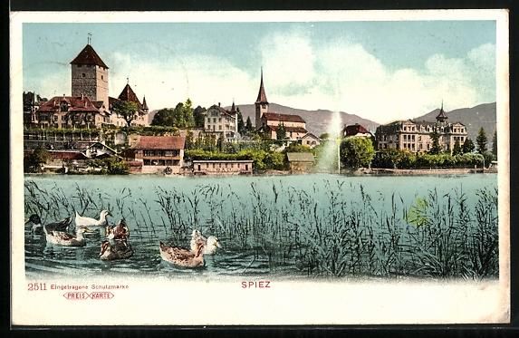 Cartoline postali: Spiez, Ortsansicht mit Springbrunnen und – Usato da Berlin venduto da bartko-reher