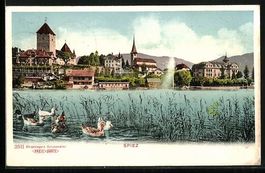 Spiez, Ortsansicht mit Springbrunnen und