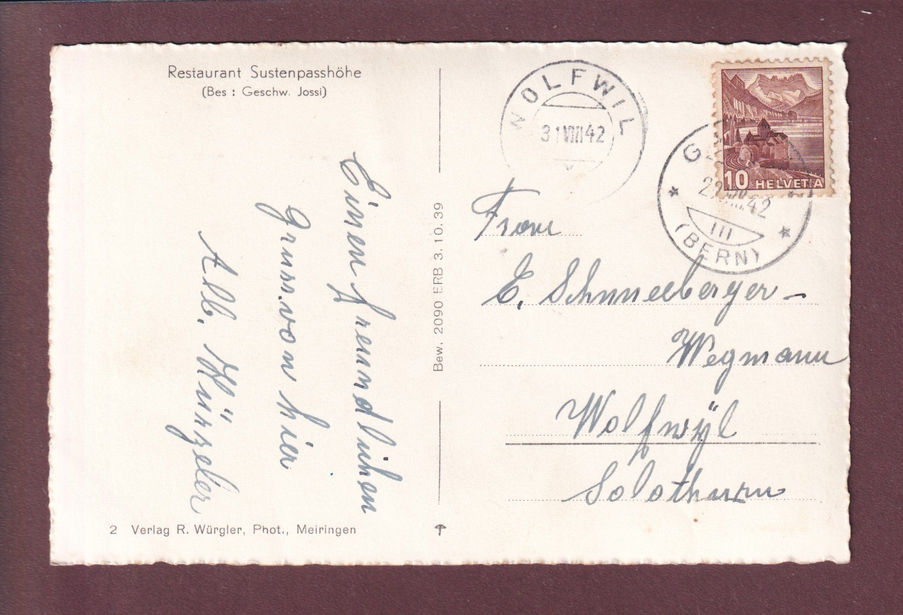 Cartoline postali: SUSTEN-PASSHÖHE - 1942 – Usato da Pully venduto da nicecards 1