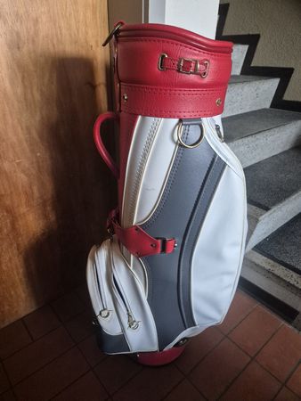 Golfbag rot weiss grau Kunstleder