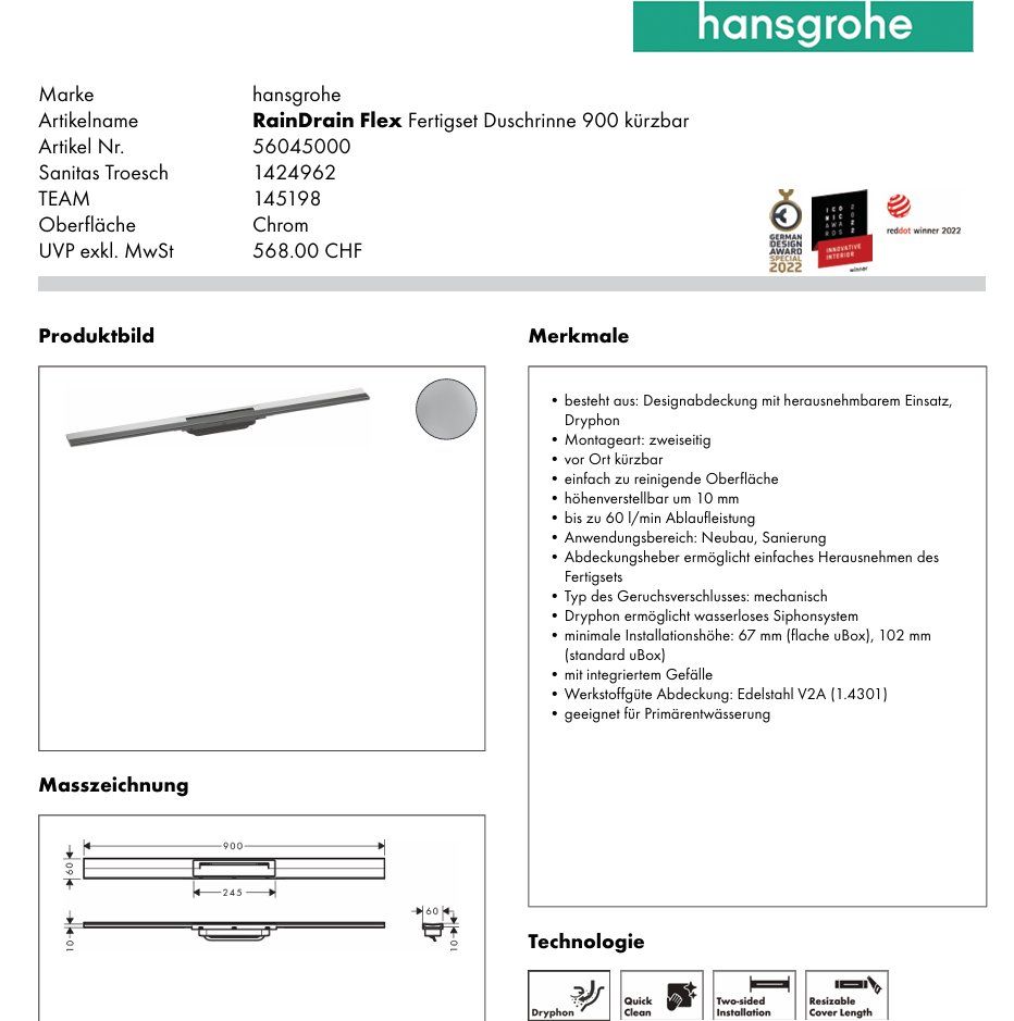 Altri materiali da costruzione: 547 Hansgrohe RainDrain Flex Duschrinne 900 + uBox universal – Nuovo e nell'imballaggio originale da Derendingen venduto da Meisterstuecke 2