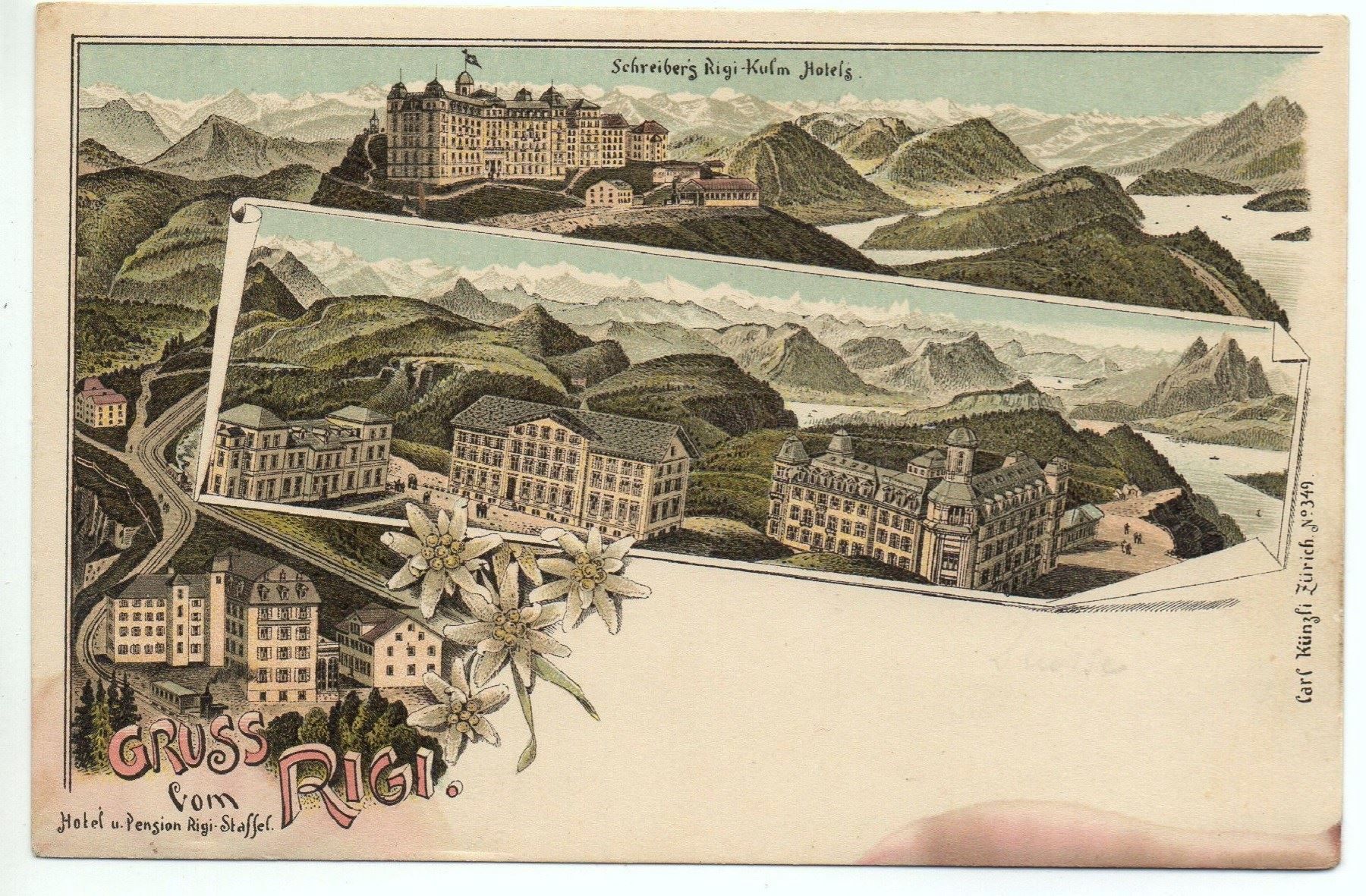 Cartoline postali: LITHO Gruss vom RIGI - Hotels - Rigi-Bahn – Usato da Jona venduto da philajona