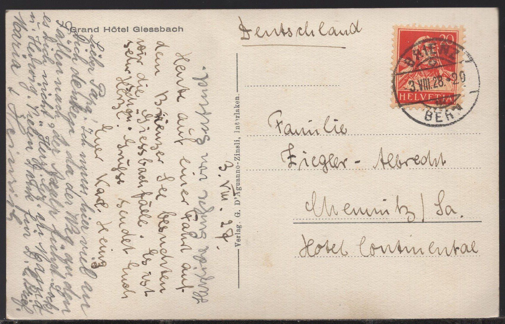 Cartoline postali: Giessbach  Grand Hotel 1928 – Usato da Aarau venduto da kufi44 1