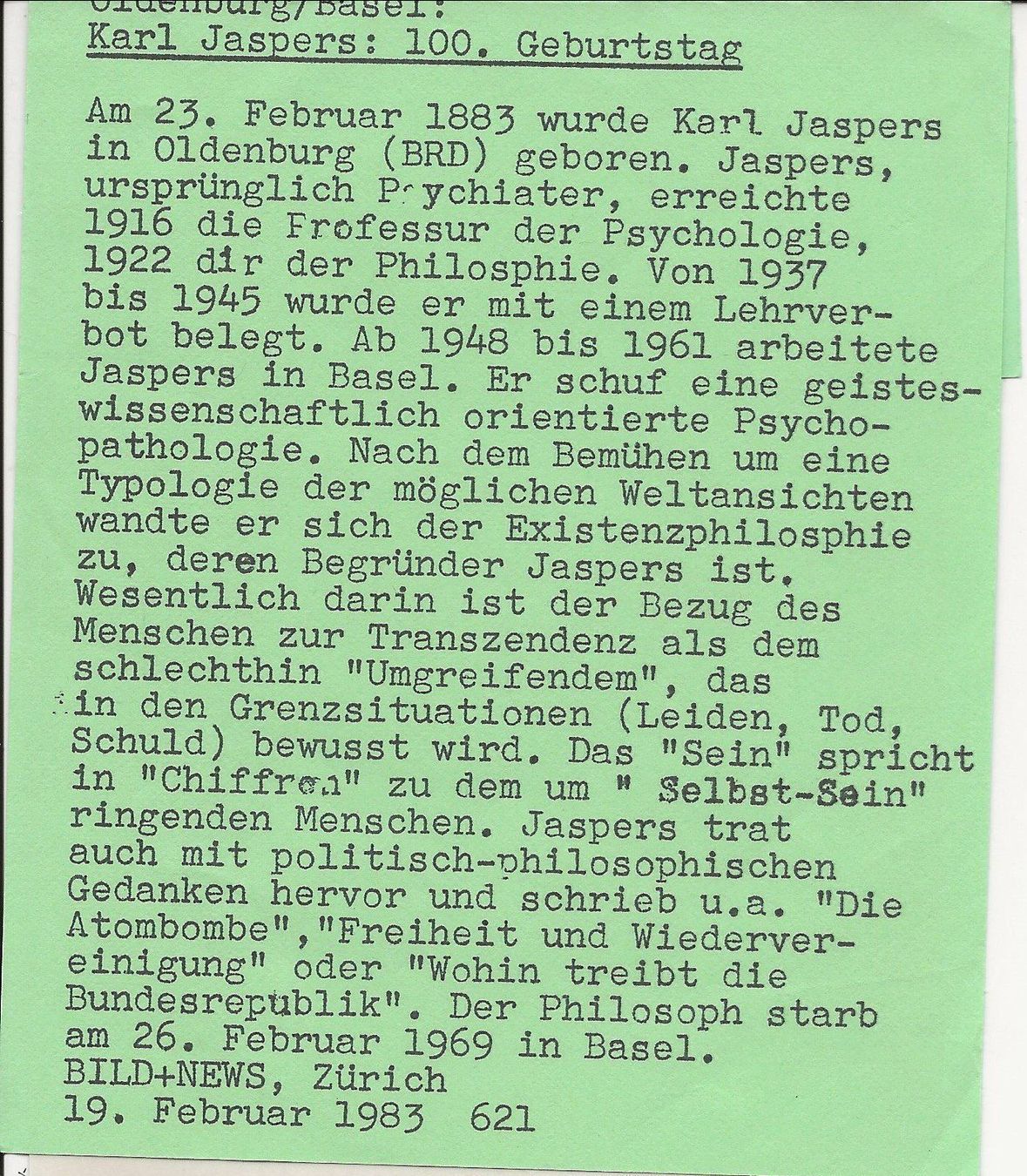 Cartoline postali: Karl Jaspers, Philosoph, Basel – Usato da Frauenfeld venduto da Merk52 1