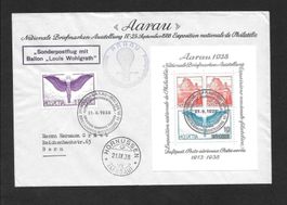 Ballonpostbrief Aarau Hornussen Gedenkblock W11 21.9.1938