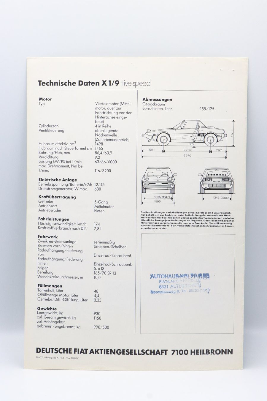 Fiat Documenti: Fiat X1/9 Five Speed 1978 Prospekt – Usato da Bühl b.Aarberg venduto da Collectorpassions 1