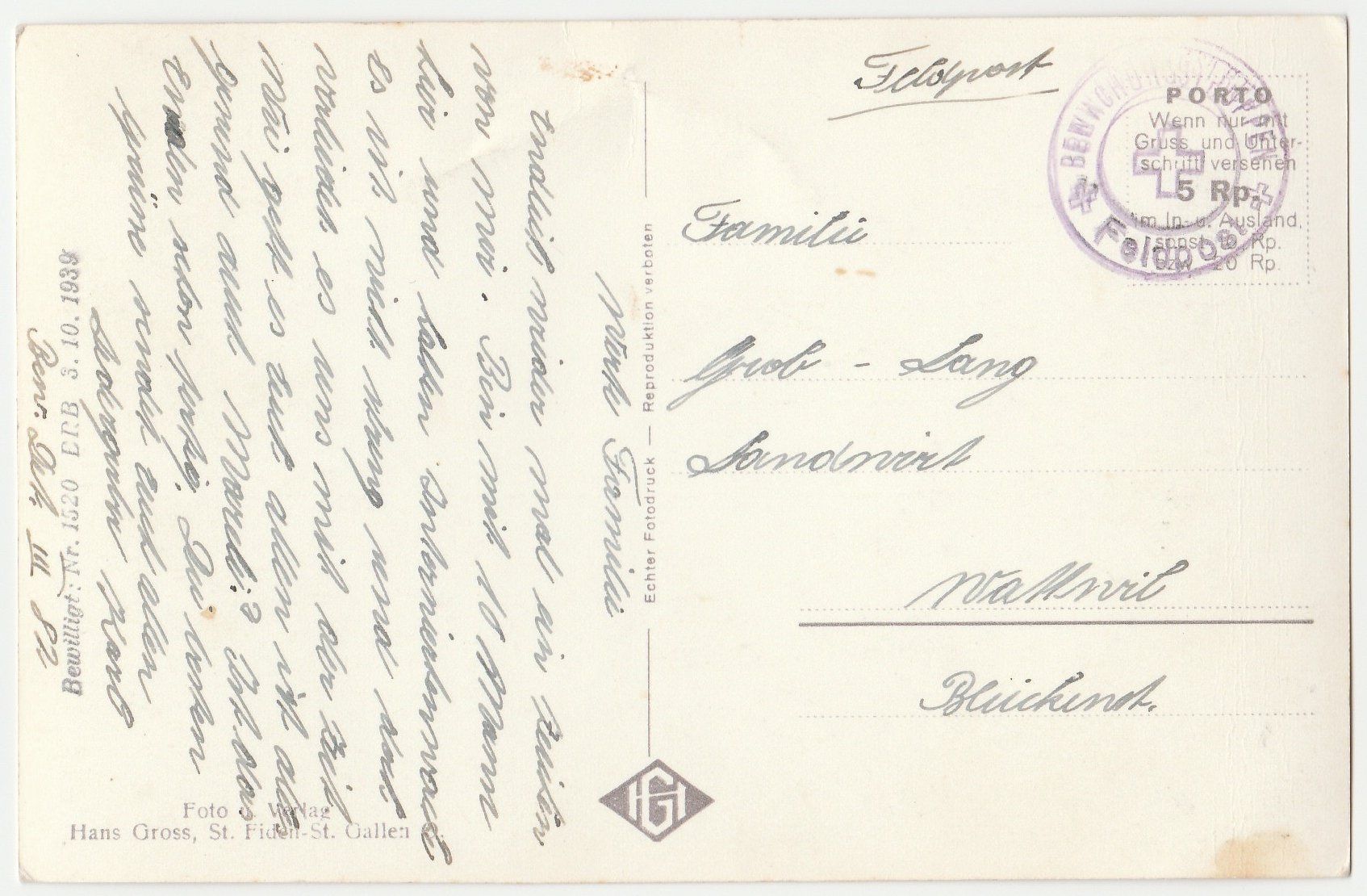 Ansichtskarten: Ganterswil - Feldpost (1939) – Gebraucht aus Fällanden von Blausegelfliege 1