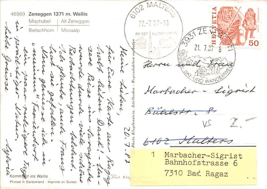 Cartoline postali: VS - Zeneggen – Usato da Ottikon b.Kemptth. venduto da Neptun1974 1