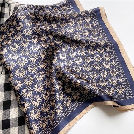 New 68cm 100% Silk, Cloves Print Beige Navy Blue Silk Scarf