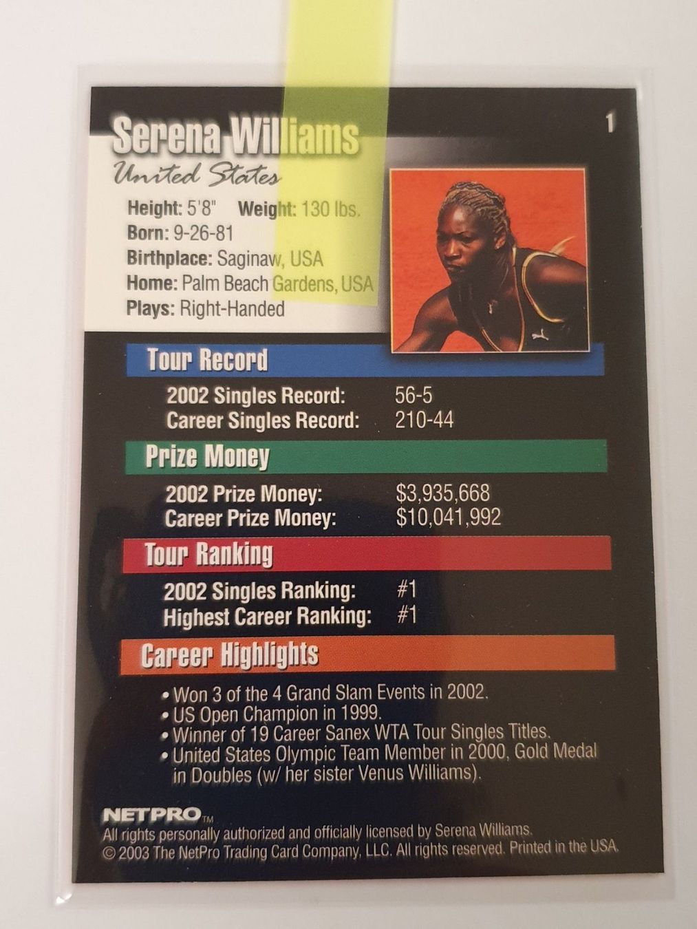 Carte collezionabili: Serena Williams 2003 Netpro Rookie Card – Usato da Oberdorf BL venduto da BaldenEagle 3