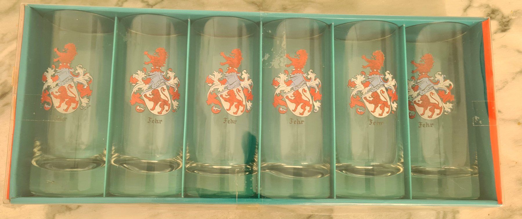 Bicchieri: 6 Trinkgläser FEHR mit Wappen, neu – Nuovo e nell'imballaggio originale da Winterthur venduto da bibummi
