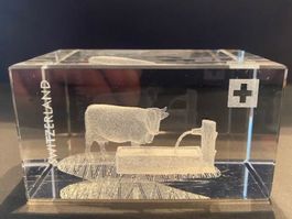 3D-Design Kuh mit Brunnen edel in Glas gelasert