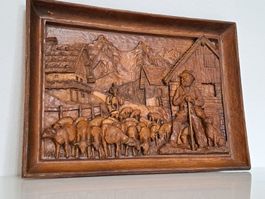 Holzschnitzerei France Relief Bild 3D Agrar Land Signiert