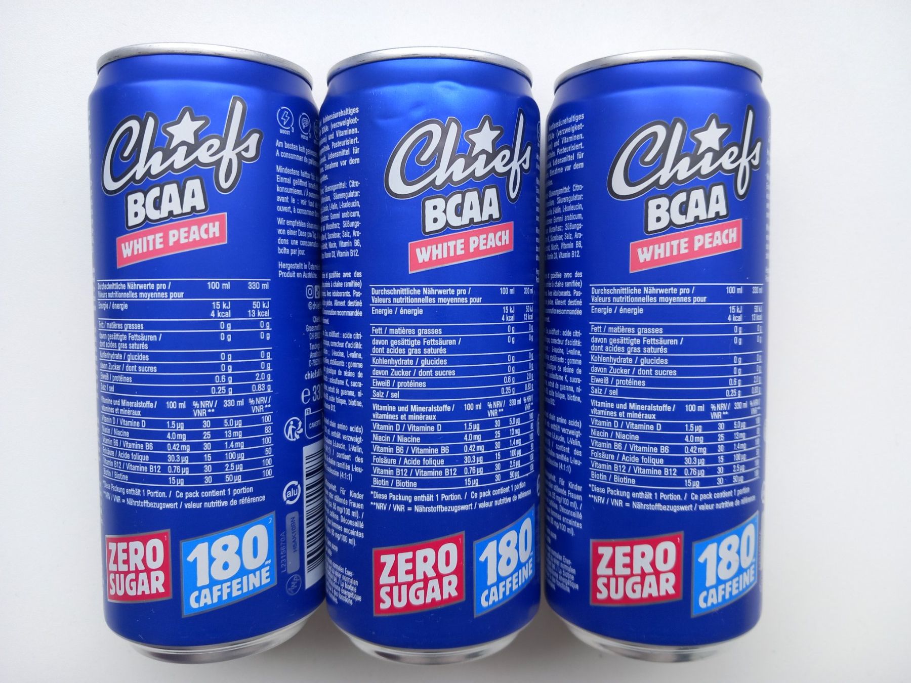 Cibi & Specialità: Chiefs BCAA White Peach, Zero Sugar, 3 Dosen, Neu! – Nuovo e nell'imballaggio originale da Oensingen venduto da Wabuoe 1