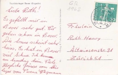 Cartoline postali: Bever, Engadin, Touristenlager. 1962 – Usato da Schlieren venduto da Rapaelli 1