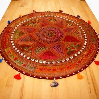 Patchwork Teppich Tischdecke 90cm rund Rot Braun Tischläufer
