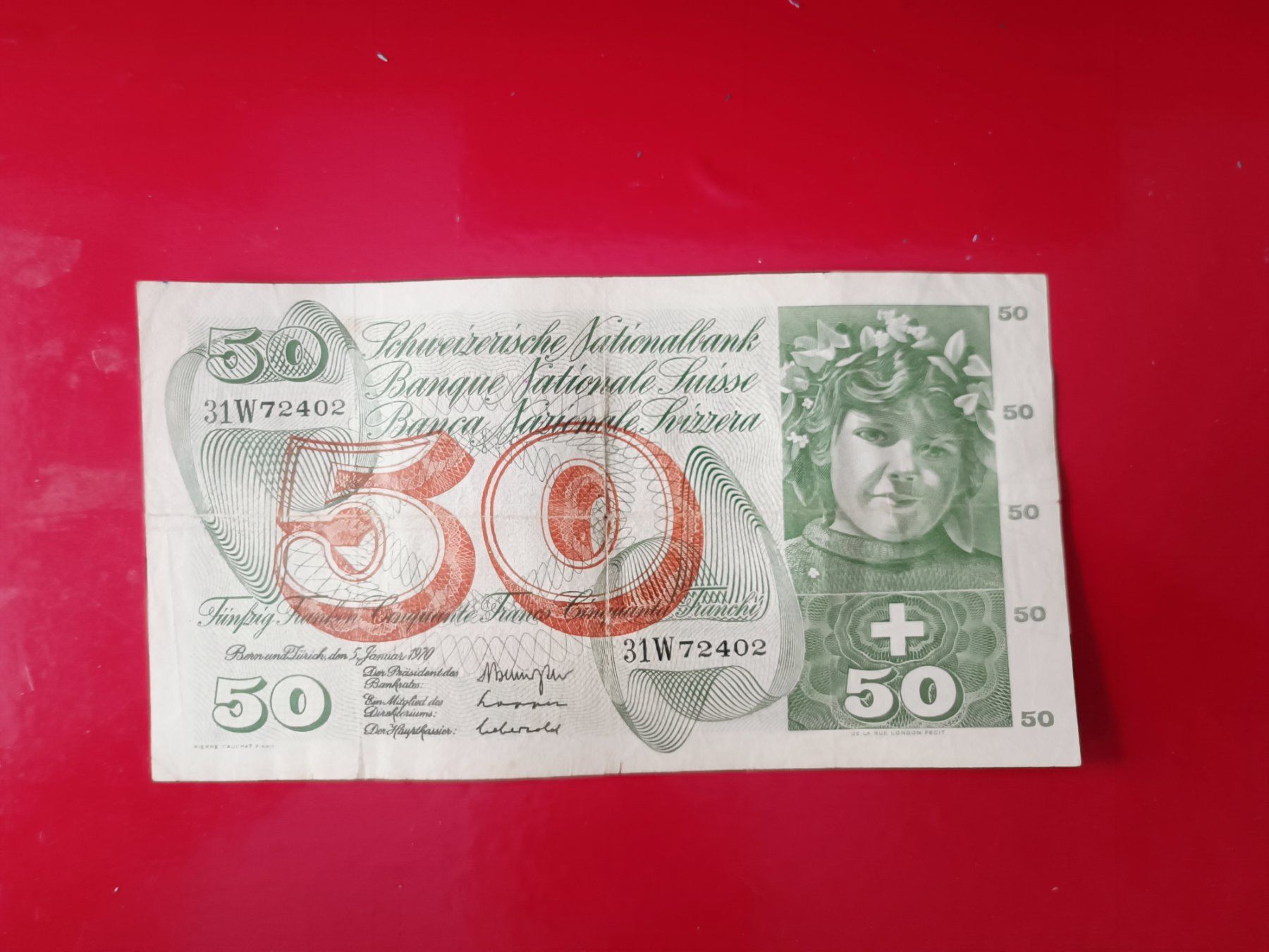 Banconote: Alte SCHWEIZER BANKNOTE 50 Fr APFELERNTE 5.Jan.1970 – Usato da Glis venduto da MYS-Wallis2020 1