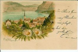 Flüelen UR alte Kirche Litho Disteln 1900  sehr gut erhalten