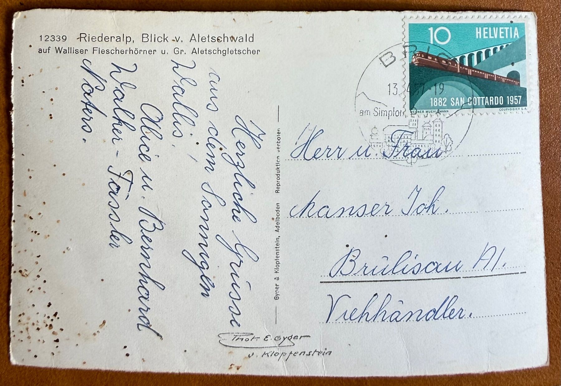 Cartoline postali: Aletschgletscher - Riederalp - Aletschwald 1957 – Usato da Lutry venduto da Ediego 1