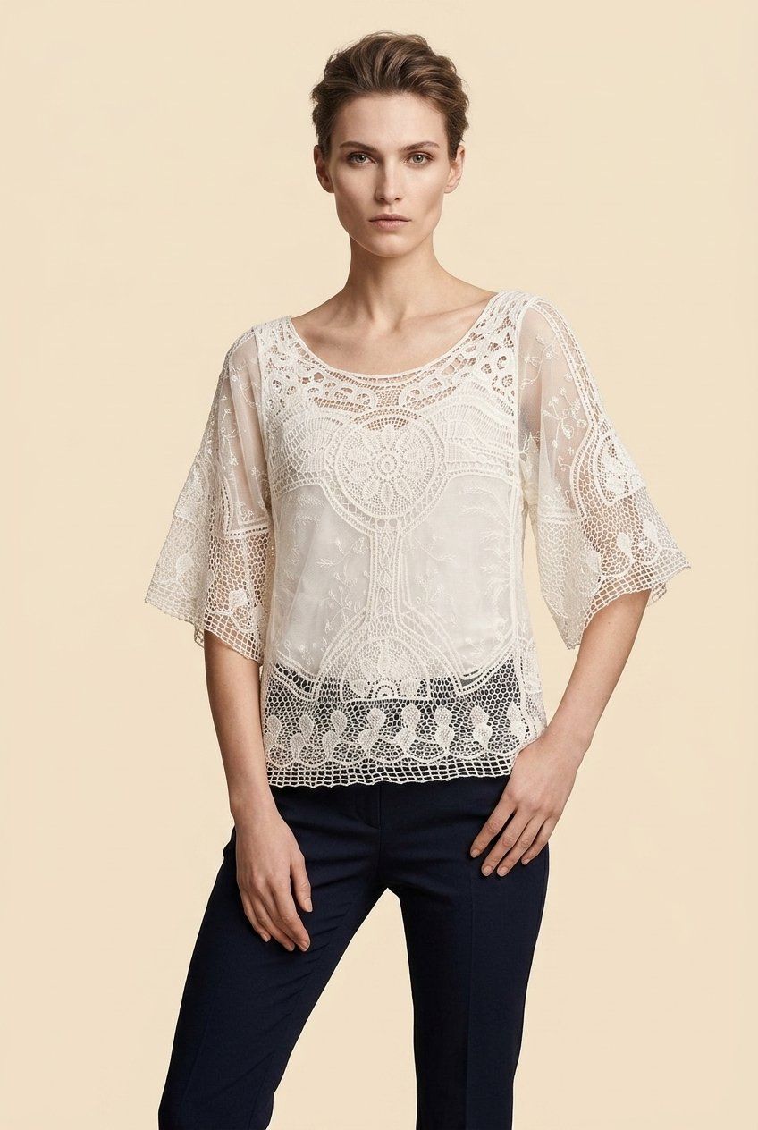 Top: Blouse Dentelle Blanche Manches 3/4 T. L – Usato da Fribourg venduto da re-fine