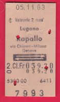 KARTON BILLETT, LUGANO - RAPALLO, 2.KLASSE, RETOUR