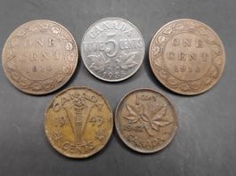 2x 1910 / 1935 / 1942 / 1943 - Canada 1 / 5 Cents