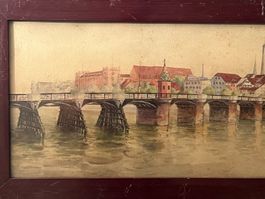 Vintage-Aquarell mit Flussszene aus Basel, Schweiz, gerahmt