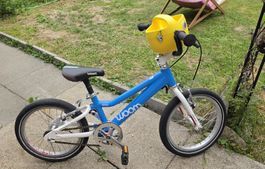KIDS BIKE WOOM 16 ZOLL BLAU GELBER KORB GUTER ZUSTAND