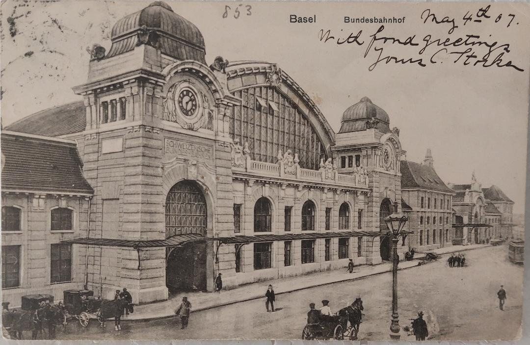 Cartoline postali: BASEL - Bundesbahnhof - Postkutschen - Tram - 1907 – Usato da Delémont venduto da Domdom1