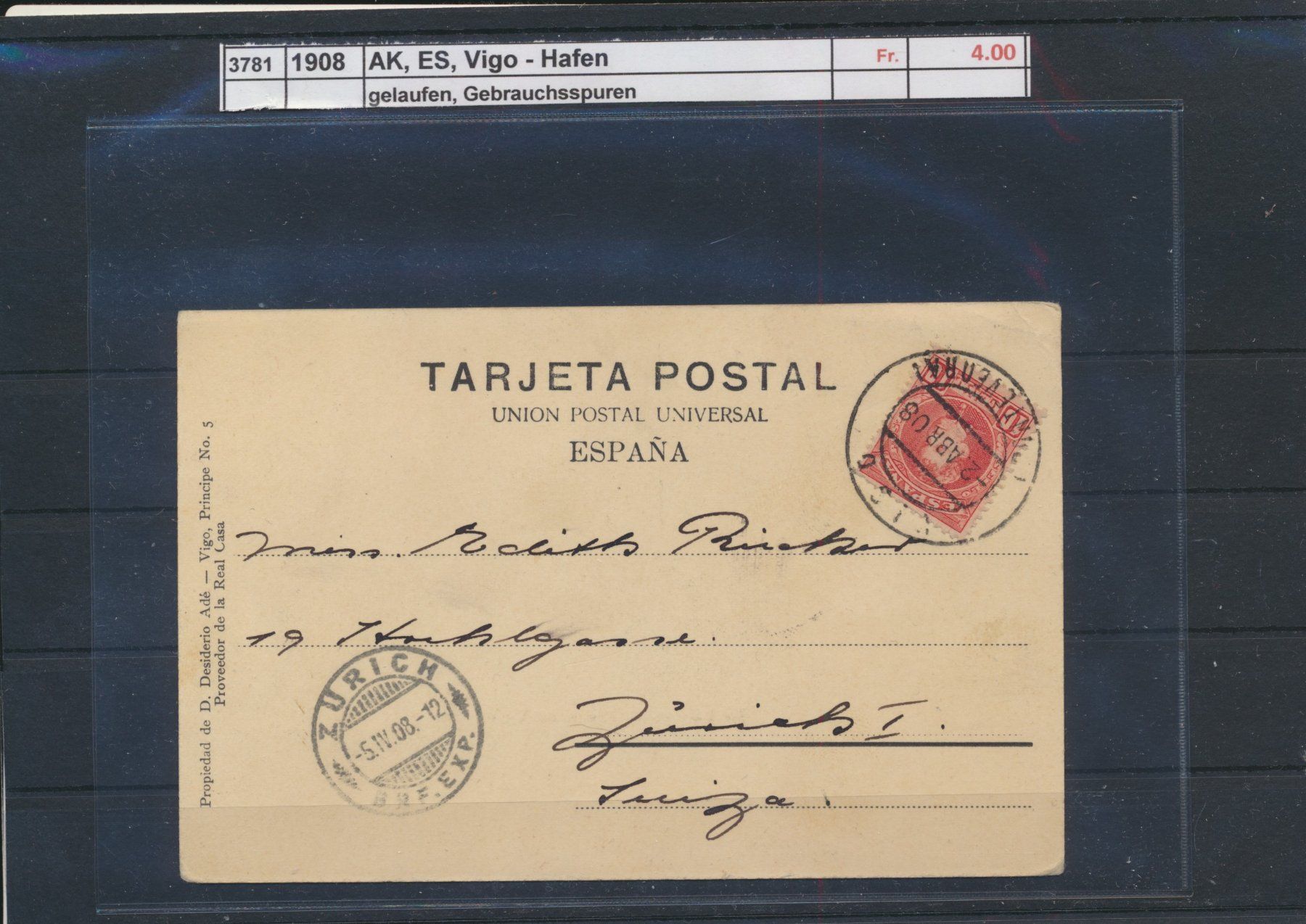 Cartoline postali: 1908 AK, Spanien, "Vigo - Hafen", gelaufen – Usato da Winterthur venduto da Zupogeru 1