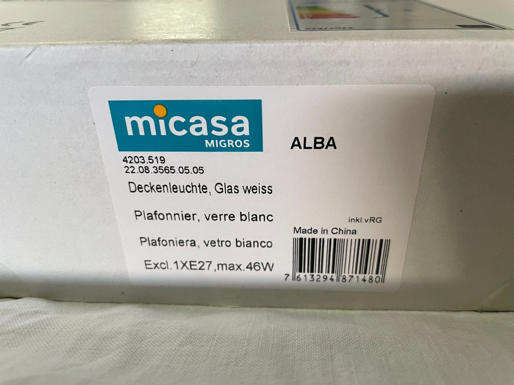 Micasa Lampadari & plafoniere: Micasa Alba Deckenleuchte Glas weiss | Originalverpackt – Nuovo e nell'imballaggio originale da Elsau venduto da Barri.ch 1