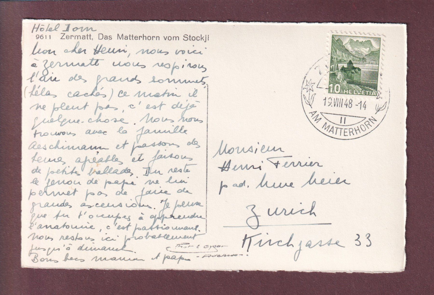 Cartoline postali: MATTERHORN vom Stockli - 1948 – Usato da Pully venduto da nicecards 1