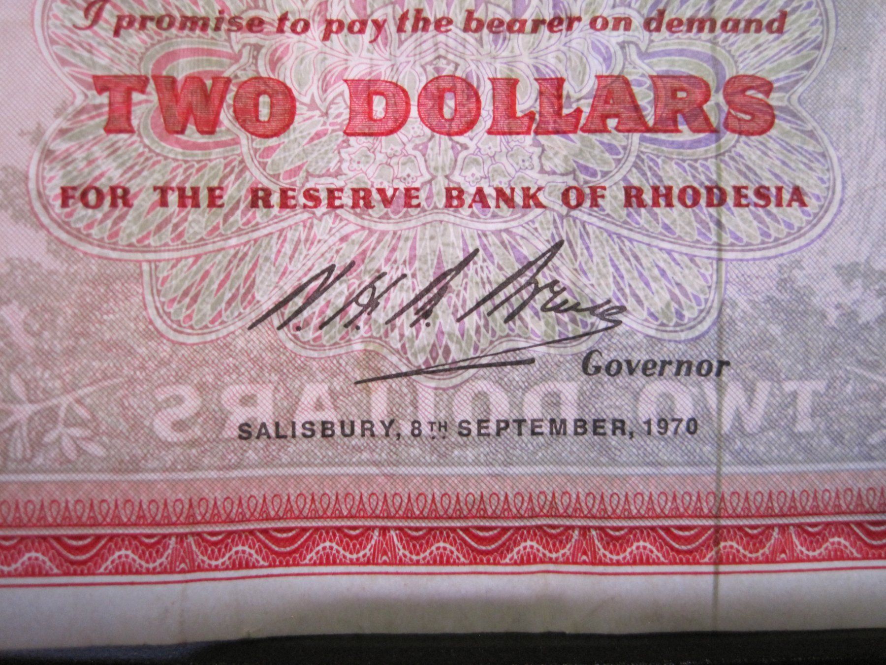 Banknoten: EINE 2 RHODESIAN DOLLAR BANKNOTE 1970 – Gebraucht aus Adliswil von Eusebiuss 2