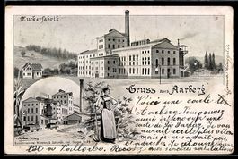 Lithographie Aarberg, Zuckerfabrik und Frau in Tracht
