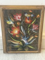 Tableau péruvien en fixé sous verre – Colibris et Fleurs