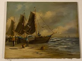 A. Kleine Landschaftsgemälde signiert Segelschiffen, Strand