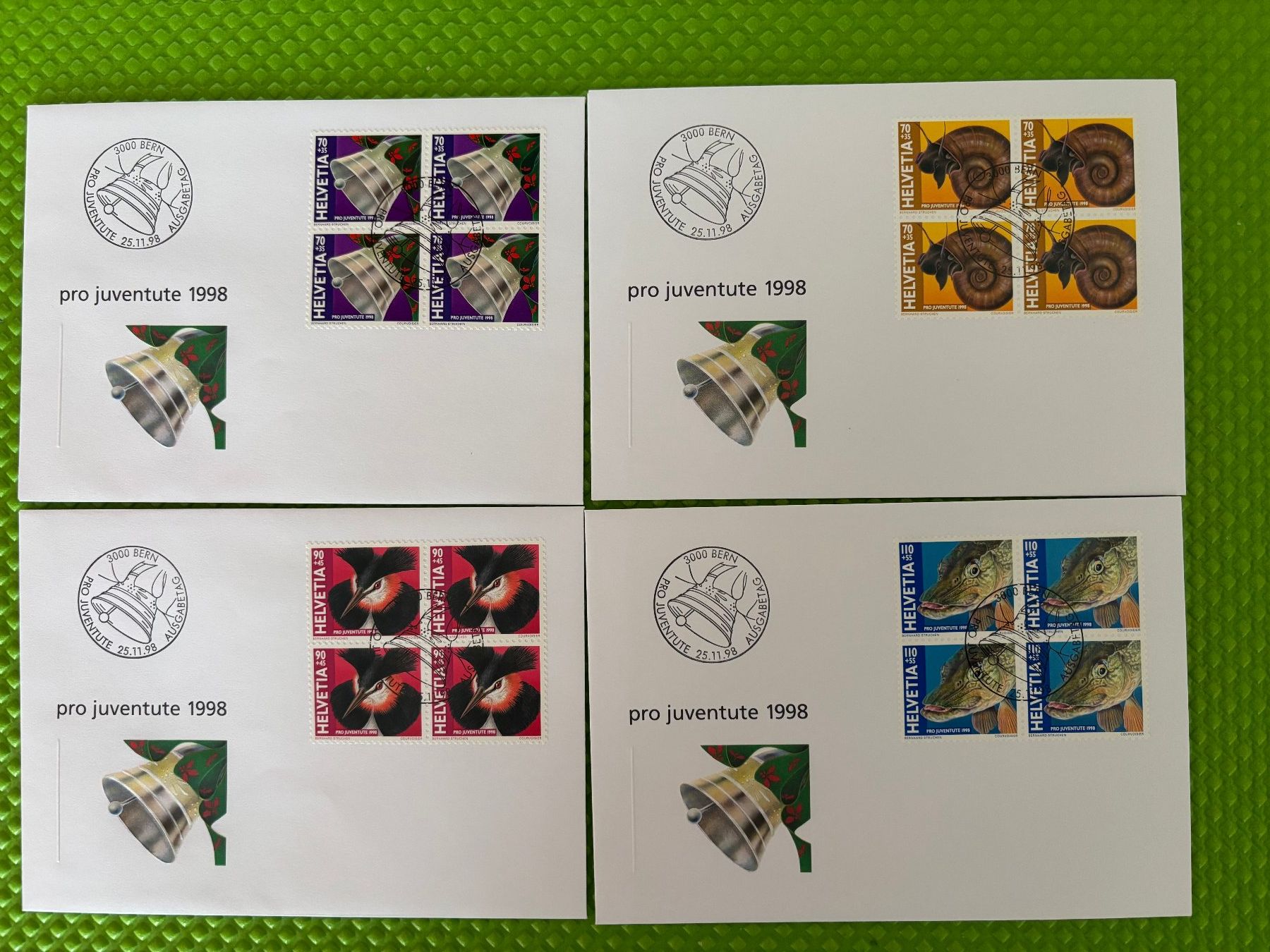 Alle Briefmarken: 4 FDC PJ-Viererblocksatz 1998, ab 1.- Fr. – Neu (gemäss Beschreibung) aus Zürich von 1BJM5