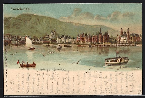 Cartoline postali: Zürich, Blick auf den See mit Dampfer,  – Usato da Berlin venduto da bartko-reher