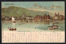 Zürich, Blick auf den See mit Dampfer, 