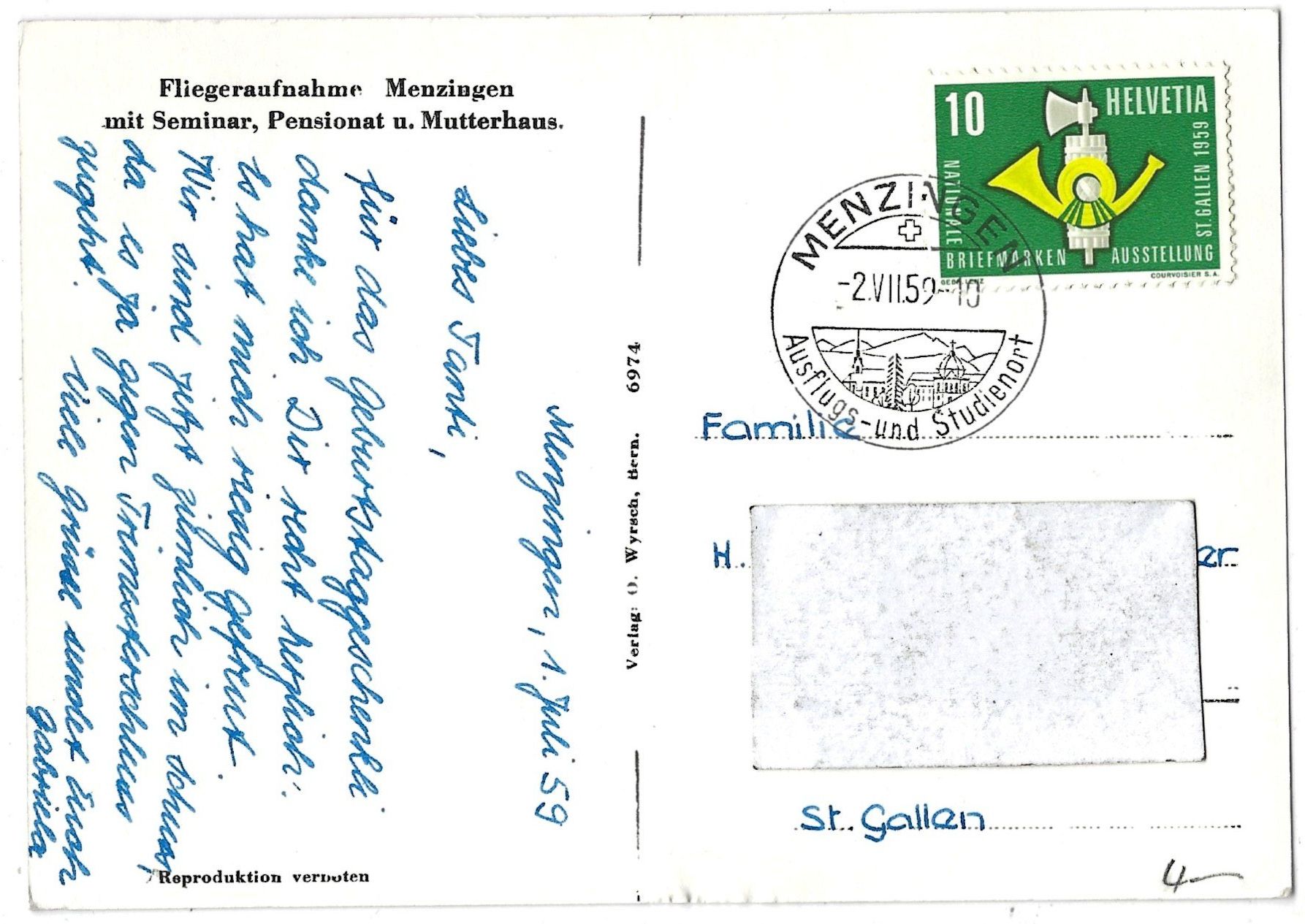 Cartoline postali: Fliegeraufn.  Menzingen  m. Seminar, Pensionat u. Mutterhaus – Usato da Bütschwil venduto da Jackson1A 1