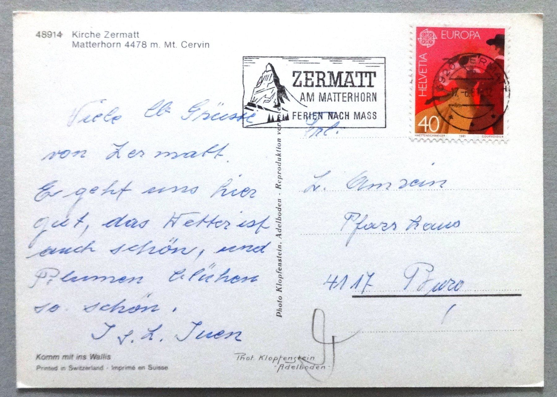 Cartoline postali: Kirche Zermatt, Matterhorn 4478 m – Usato da Fétigny venduto da Billy2miny 1
