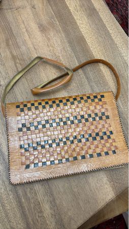 Vintage Ledertasche mit Webmuster, Schultertasche, Top! (56)