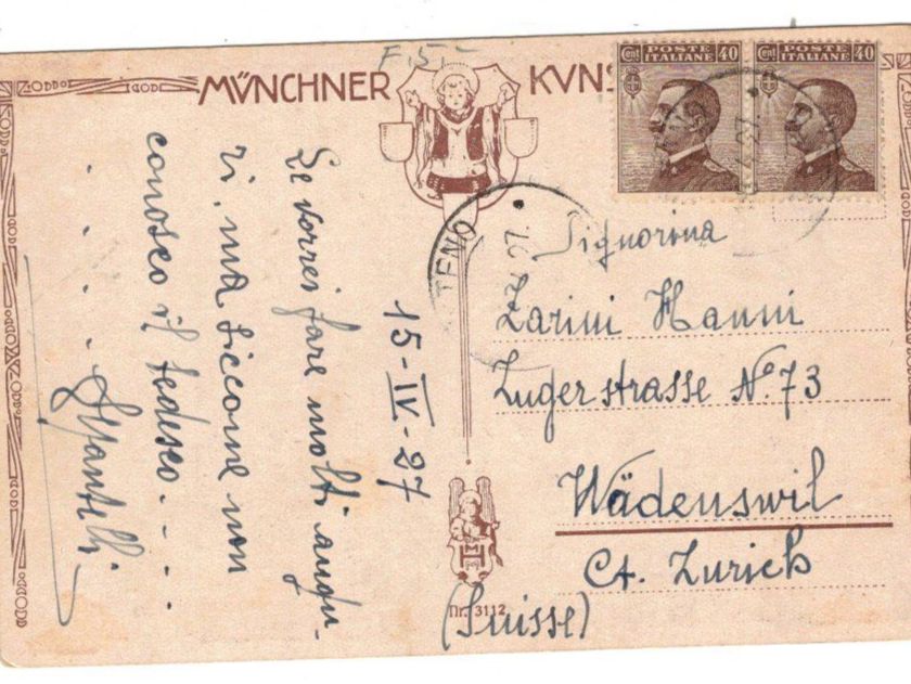 Cartoline postali: Ansichtskarten Münchner Kunstkarten 1927 Deutschland Italien – Usato da Widnau venduto da Seppl480 1