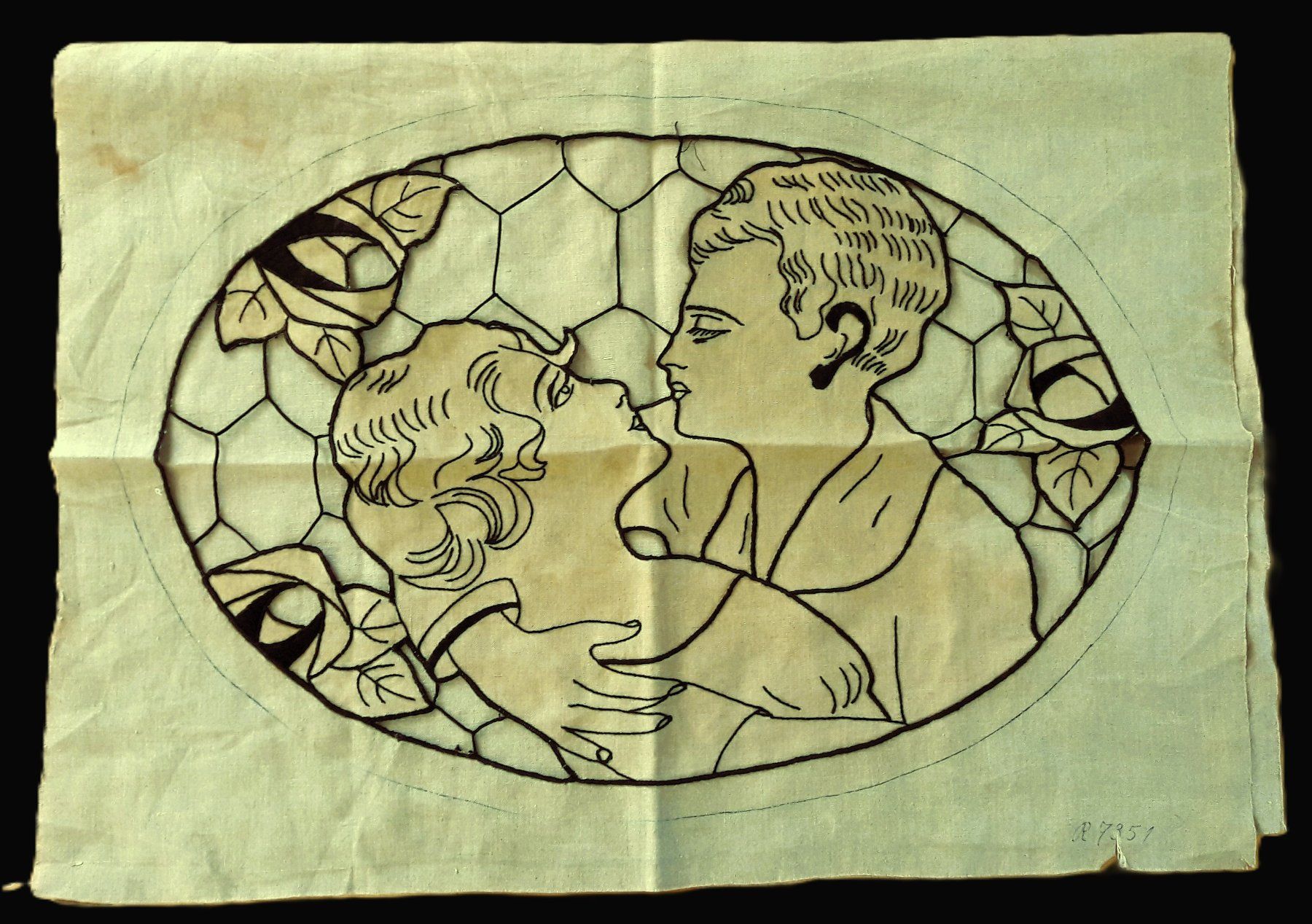 Cuscini: Art Déco housse coussin lin inachevée "Le baiser" – Usato da Tavannes venduto da Nekosumi