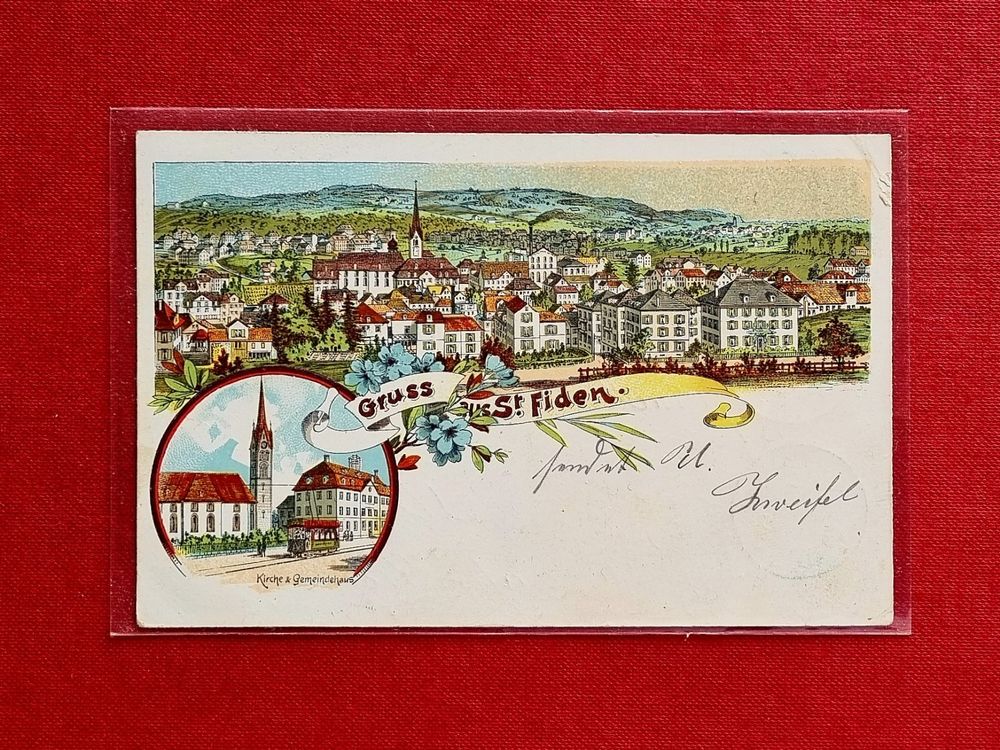 St. Fiden Stadtansicht Gemeindehaus Tram Litho 1899 Kaufen