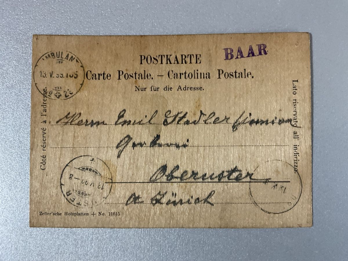 Articoli in legno: Holzpostkarte mit Baarer Stempel – Usato da Steinhausen venduto da Leo.1957