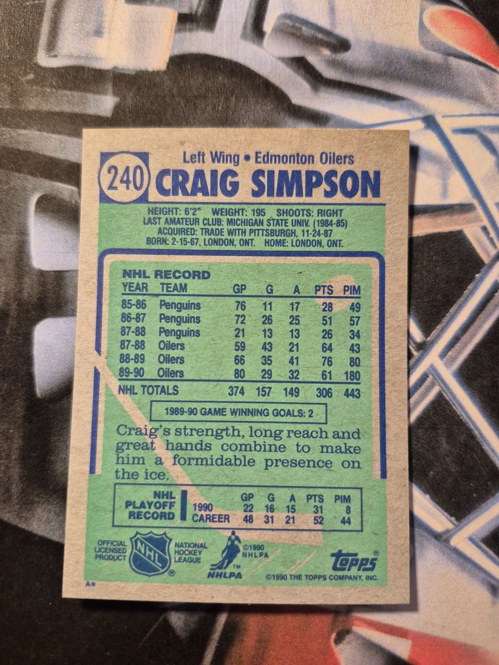 Topps Carte collezionabili: NHL Craig Simpson Edmonton Oilers – Usato da Treiten venduto da Sauber73 1