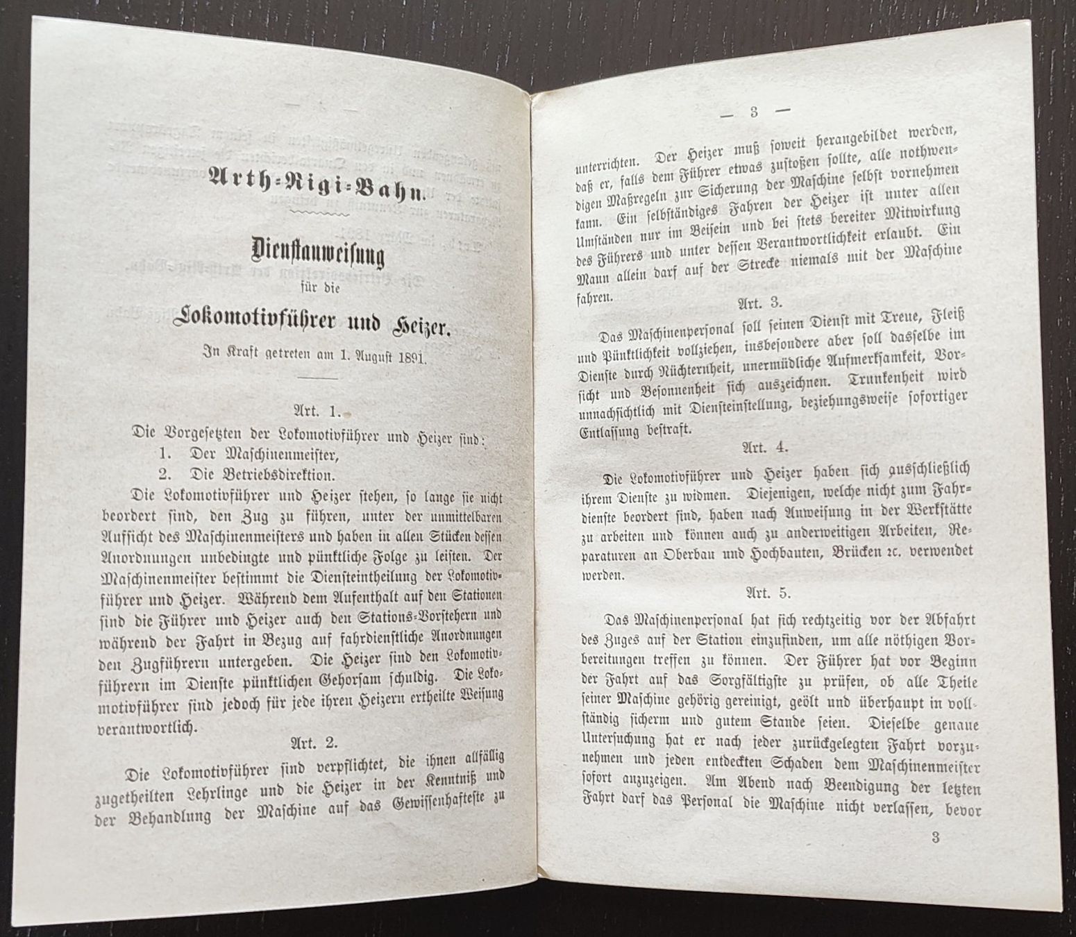 Documenti: ARB Rigi-Bahn Dienstreglement 1891 – Usato da Biberist venduto da Slick 5