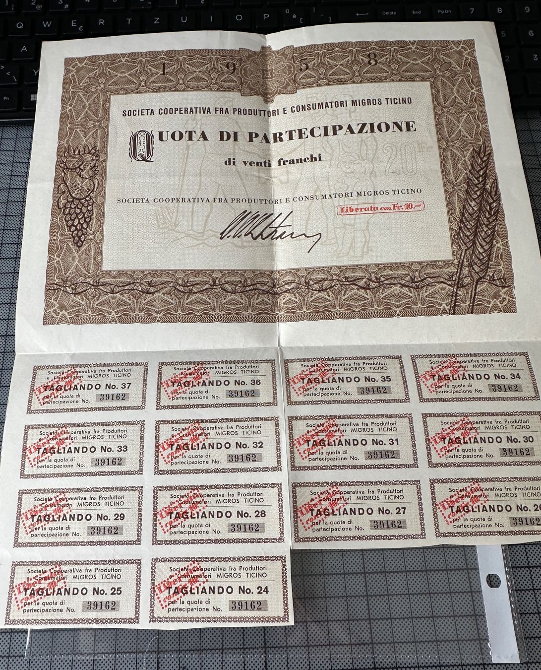 Migros Documents: Partizipationsschein Nr. 39162 von 1933 – D'occasion à Nussbaumen AG par olitech5415 1