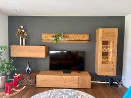 Wohnwand Eiche massiv 4-teilig | TV-Lowboard, Vitrine, Wandb